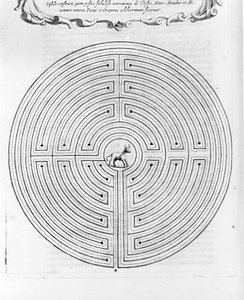 Dedalen suunnittelema Cnossoksen sokkelo - Keskellä on minotaurus - Athanase Kircherin "Turris Babel" - Amsterdam tekijältä Athanasius Kircher