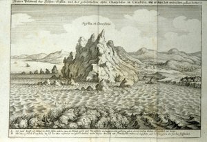 Näkymä "" Charybden"" ja "" Scyllan"" kallioille Messinan Detroitissa, Sisiliassa""" Kaiverrus "" Mundus Subterraneus" - kirjoittaja Athanasius Kircher (1601-1680), jesuiitta, orientalisti ja tutkija 1682 tekijältä Athanasius Kircher