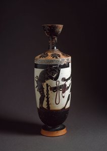 Kreikkalainen taide: "" Herakles ja Atlas"" Yksityiskohta Herakles (Hercules) Lekythos (lecyth) valkoinen toteuttaa Athenen taidemaalari (450-400 eKr.). Athenes, kansallinen arkeologinen museo tekijältä Athena Painter (workshop of)