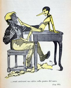 "Gepetto tunsi potkun nenänsä kärjessä", kuvitus Carlo Collodin (1826-90) teoksesta "Pinocchio", jonka Bemporad julkaisi vuonna 1935 (värikaiverrus).