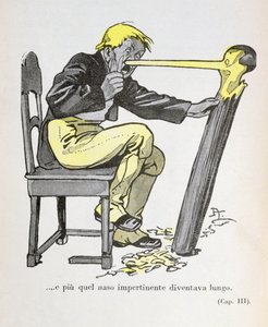 "Pinokkion nenä alkoi kasvaa Gepetton jatkaessa hänen hahmonsa veistämistä", kuvitus Carlo Collodin (1826-90) teoksesta "Pinokkio", 1935 (värilitro).