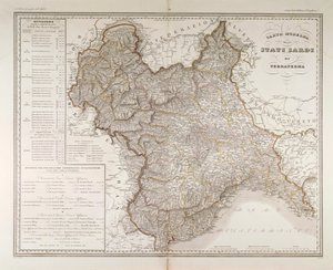 Sardinian osavaltiot mantereella. Attilio Zuccagni-Orlandinin kartta, otettu Italian valtioiden maantieteellisestä atlasista Firenzestä, kaiverrus kupariin tekijältä Attilio Zuccagni Orlandini