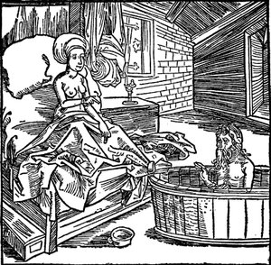 Nainen ja kylpevä erakko. tekijältä attributed to Albrecht Dürer