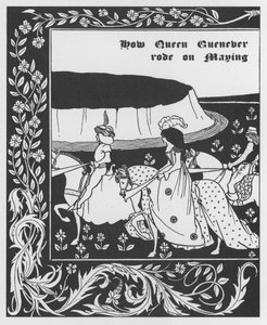 Arthurian legenda: "" Queen Guenievre Queen of May"" Kaiverrus Sir Thomas Maloryn "" The Morte of Arthur" -kirjaan, painos kuvittanut Aubrey Beardsley (1872-1898) 1893-1894 (Arthurian legenda: Queen Guenever (Guinevere) maying , kuvitus Aubrey Beard tekijältä Aubrey Beardsley