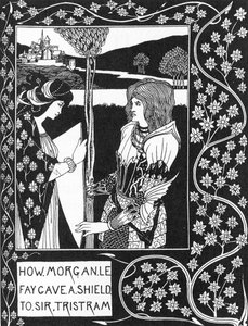 Arthurian Legenda: "" Maksu, jonka Morgane antaa kilven Tristanille""" Kaiverrus kirjaan "Tristanin tarina ja hänen seikkailunsa, joka sisältää hänen rakkaustarinansa Isolden kanssa"" Sir Thomas Maloryn "The Morte of Arthur", painos kuvitettu Aubrey antoi  tekijältä Aubrey Beardsley