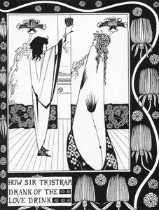 Arthurian Legenda: "" Tristan juo rakkausfiltreä""" Kaiverrus "" Tarina Tristanista ja hänen seikkailuistaan, joka sisältää hänen rakkaustarinansa Isolden kanssa"""" Sir Thomas Malorylta, painoksen kuvittanut Aubrey Beardsley (1872-1898) ) 1893-1894 (Arthu tekijältä Aubrey Beardsley
