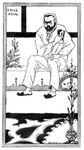 Emile Zola, 1893 88@Zola (1840-1902) ranskalainen kirjailija ja kirjailija; kuvitus "Pall Mall Budget" -lehdestä; tekijältä Aubrey Beardsley