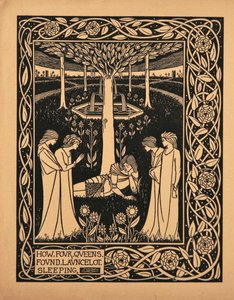 Kuinka neljä kuningatarta löysi Lancelotin nukkumasta. Kuvitus Sir Thomasin kirjaan Le Morte dArthur tekijältä Aubrey Beardsley