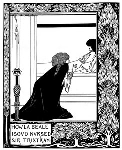 Kuinka La Beale Isoud hoiti Sir Tristramia. Kuvitus Sir Thomas M.:n kirjaan Le Morte dArthur tekijältä Aubrey Beardsley