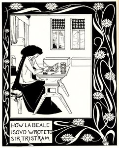 Kuinka La Beale Isoud kirjoitti Sir Tristramille. Kuvitus Sir Thomasin kirjaan Le Morte dArthur tekijältä Aubrey Beardsley