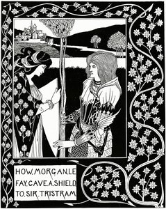 Kuinka Morgan le Fay antoi kilven Sir Tristramille, piirros Sir Thomas Maloryn teoksesta "Le Morte d