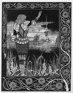 Kuinka Sir Bedivere heitti miekan Excaliburin veteen, piirros Sir Thomas Maloryn teoksesta "Le Morte d