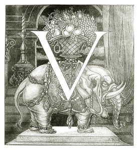 Alkukirjain "V" Volponelle, 1898 tekijältä Aubrey Beardsley
