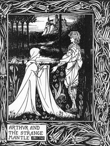 Kuningas Arthur vastaanottaa maksulla lähettämän nuoren tytön vierailun (Kuningas Arthur ja Morgan fayn lähettämä outo vaippa) Aubrey Beardsleyn (1872-1898) kuvitus Thomas Maloryn teoksesta "Arthurin kuolema" tekijältä Aubrey Beardsley