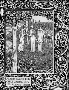Merlin ottaa lapsen, Arthurin vartiokseen, n. 1893 tekijältä Aubrey Beardsley