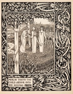 Merlin ottaa Arthur-lapsen haltuunsa, kuvitus Thomas Maloryn teoksesta 