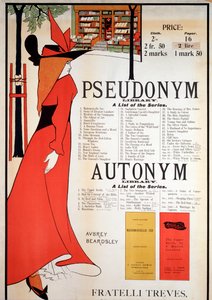 Pseudonyymi- ja itsenimikirjastojen juliste (värilitho tekijältä Aubrey Beardsley