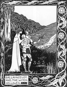 Sir Launcelot ja noita Hellawes (Lancelot ja noita Hellawes) Aubrey Beardsleyn (1872-1898) kuvitus Thomas Maloryn teoksesta "Arthurin kuolema" tekijältä Aubrey Beardsley