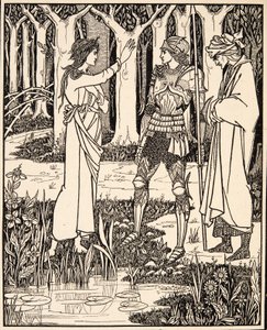 Järven nainen kertoo Arthurille miekasta Excalibur,1894 (kaiverrus) tekijältä Aubrey Beardsley