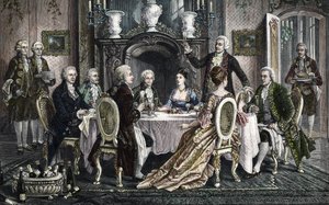 Illallinen Emanuel Schikanederin kodissa Wolfgang Amadeus Mozartille tekijältä August (after) Borckmann