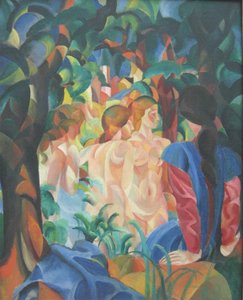 Kylpeviä tyttöjä kaupungin taustalla tekijältä August Macke