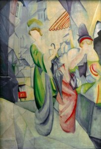 Kirkkaat naiset hattukaupan edessä tekijältä August Macke