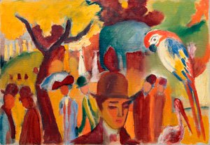 Pieni eläintarha ruskeana ja keltaisena. August Macken (1887-1914) maalaus öljy kankaalle tekijältä August Macke