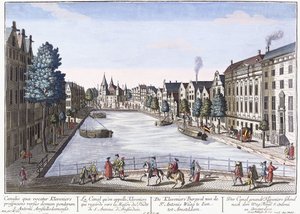 Vue of Kleveniersin kanava, Amsterdam, n. 1740-1770 (käsinvärinen kaiverrus) tekijältä August Vindel