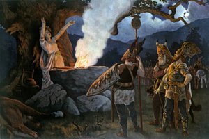 Kelttiläiset soturit neuvottelevat papittarelta. Augustus Dieffenbacherin maalaus. tekijältä August Wilhelm Dieffenbacher