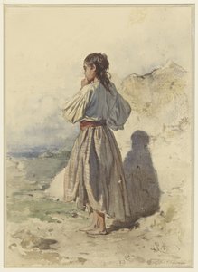 Unkarilainen nainen seisoo kolme neljäsosaa vasemmalla, takaa katsottuna tekijältä August Xaver Carl von Pettenkofen