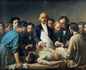 Tohtori Alfred Velleau (1795-1867) Charityssa jatkaa ruumiinavaukseen Lääkäri, jota ympäröivät opiskelijat, jotka ovat valmiita puuttumaan ruumiiseen. François Feyen Perrinin (1826-1888) maalaus. 1800-luvulla. Tours musee des Beaux Arts - Alfred Velpeau tekijältä Auguste (after) Feyen Perrin