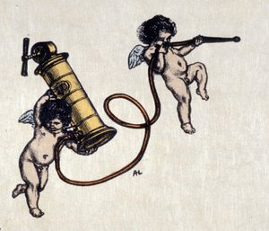 Clystereen ilot. Kaksi enkeliä, joilla on peräruiskepumppu. Auguste Leroux