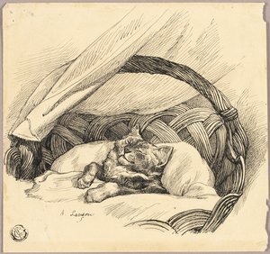Kissa nukkuu korissa tekijältä Auguste Andre Lancon