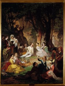 Tasting Champetre Scene piknikistä porvarillisessa yhteiskunnassa. Barthelemy Glaizesin (1807-1893) maalaus 1850 Montpellier, Fabre Museum