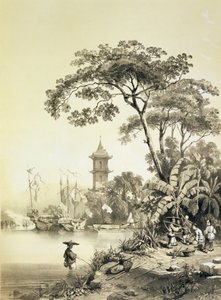 Pagoda Macaon ja Kantonin kanavalla, levy 21 julkaisusta "Sketches of China", kaiverrus Eugene Ciceri (1813-90) 1842 (sävytetty litho)