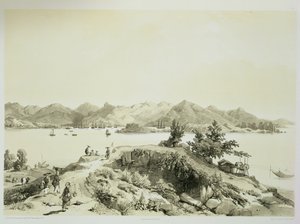 Hongkongin lahti ja saari, levy 4 teoksesta "Sketches of China", kaiverrettu Eugene Ciceri (1813-90) 1842 (sävytetty litografia).