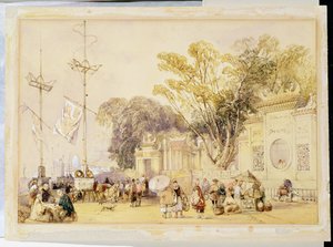 Village Square Hongkongin lahdella, levy 5 julkaisusta "Sketches of China", kaiverrus Eugene Ciceri (1813-90) 1842 (sävytetty litho)
