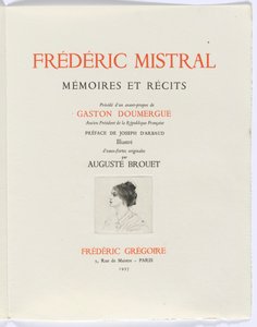 Frédéric Mistral: Mémoires et Recits by Frédéric Mistral: nimiölehti, naisen rintakuva profiilissa. tekijältä Auguste Brouet