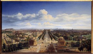 Näkymä Pariisista Riemukaarelta otettu Auguste Cadollen (1782-1849) maalaus 1843 su. 0,48x0,83 m Pariisi, Musee Carnavalet tekijältä Auguste Cadolle