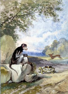 Kuva Jean de La Fontainen tarinasta "Jänis ja kilpikonna". Akvarelli Auguste Delierre (1829-n. 1890)