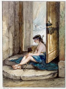 Kuva Jean de La Fontainen tarinasta "Mies, joka juoksee onnen perässä ja mies, joka odottaa häntä sängyssään". Akvarelli Auguste Delierre (1829-n. 1890)