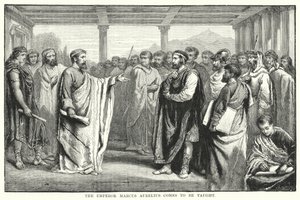 Keisari Marcus Aurelius tulee opetettavaksi (kaiverrus) tekijältä Auguste Francois (after) Laby