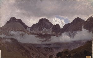Vuoret ja sumu, 1850-luvun puoliväli (öljy paperille kiinnitetty kankaalle)