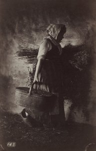 Nainen talonpoika kantamassa koria ja heinää, n. 1870.