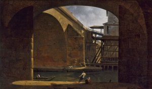 Notre-Damen silta ja pumppu holvikatolta Quai de Gesvresiltä katsottuna, 1816 (öljy kankaalle). tekijältä Auguste Jacques Regnier