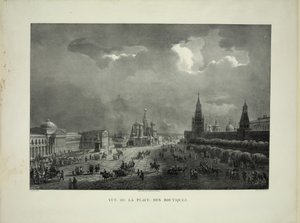 Ylempi kaupparivit Punaisella torilla Moskovassa, n. 1830 tekijältä Auguste Jean Baptiste Antoine Cadolle