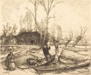 In the Deluged Marsh - Paimen Au marais inonde - Le berger, 1911. tekijältä Auguste Lepere