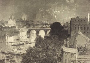 14. heinäkuuta. Seinen valaistus Pont Neufista Pont au Changeiin, 1882. tekijältä Auguste Lepere