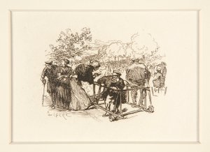 Mies Walkerissa muiden hahmojen kanssa puistossa tekijältä Auguste Lepere