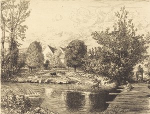 Vanha jalkasilta, Banks of the Small Morin Vieille passerelle, bords du petit morin, 1915. tekijältä Auguste Lepere
